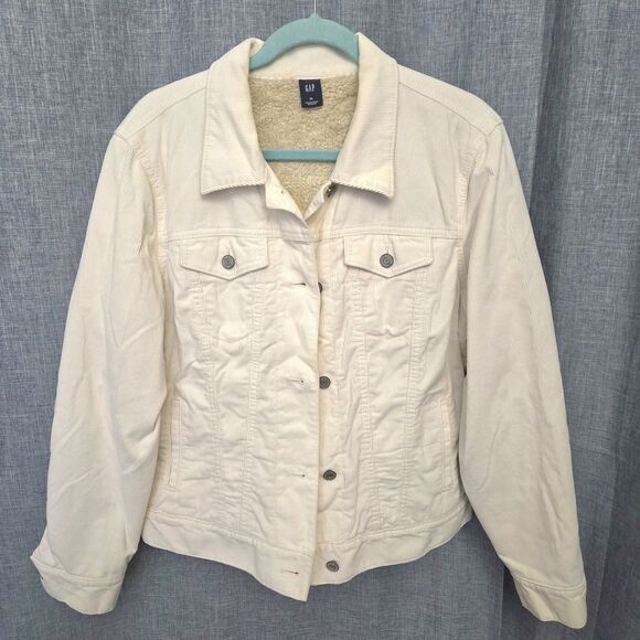 Y2K GAP Corduroy Sherpa Lined Trucker Jacket Women's L/XL Cream/Ivory - Picture 2 of 13